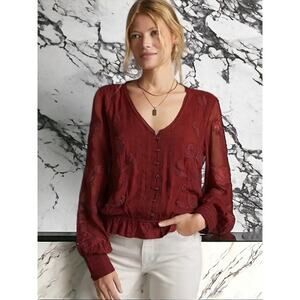 NWT - Anthropologie Embroidered Floral Buttondown Long Sleeve Blouse  in Wine XS